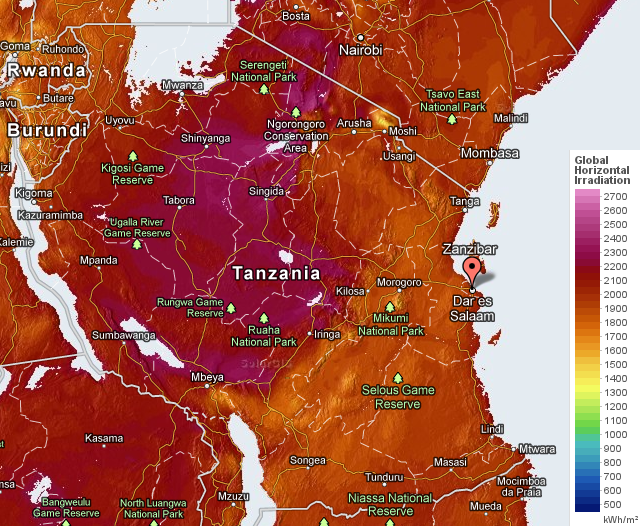 Solar radiation in Tanzania (yearly average)